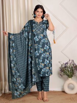 ARAMYA - Soft Cotton Straight Floral Print Teal Kurta with Pant and Dupatta