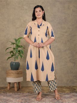 ARAMYA - Soft Cotton Straight Foliage Print Beige Kurta with Pant