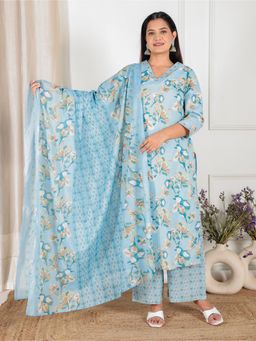 ARAMYA - Soft Cotton Straight Floral Print Blue Kurta with Palazzo and Dupatta