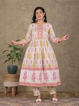 ARAMYA - Soft Cotton A-Line Floral Print White Kurta with Pant