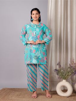 ARAMYA - Soft Cotton Straight Foliage Print Turquoise Kurti with Pant