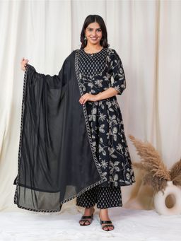 ARAMYA - Soft Cotton Floral Print Anarkali Kurta with Palazzo and Dupatta
