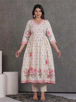 ARAMYA - Linen Cotton Floral Print Off White Anarkali Kurta with Pant