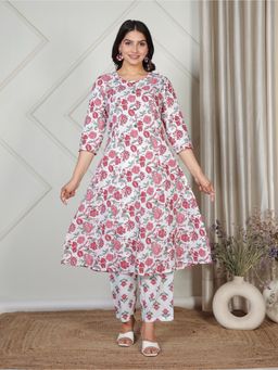 ARAMYA - Soft Cotton A-Line Floral Print White Anarkali Kurta with Pant