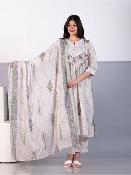 ARAMYA - Soft Cotton A-Line Floral Print Off White Kurta with Pant and Dupatta