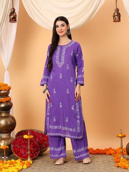 Poshak Chikan Studio - Chikankari Solid Cotton Purple Kurta with Palazzo