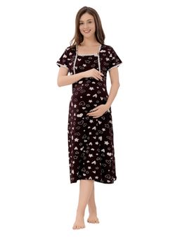 PIU - Feeding Cotton Half Sleeves Heart Print Night Dress - Black