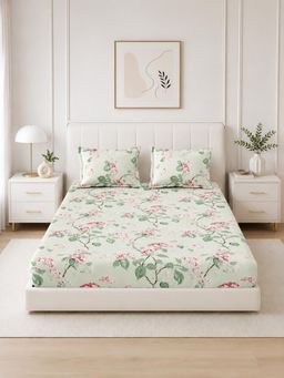 The Home Story - Green Cotton King Bedsheet With Pillow Covers (King)
