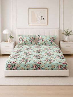 The Home Story - Green Cotton King Bedsheet With Pillow Covers (King)