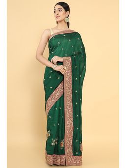 Soch - Women Green Silk Embroidered Saree with Unstitched Blouse