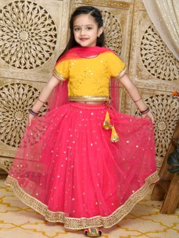 SAKA DESIGNS - Yellow & Magenta Embroidered Lehenga Choli Sequence Work (Set of 3)