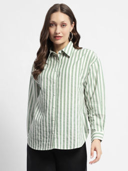 Madame - Dusty Green and White Striped Regular Shirt