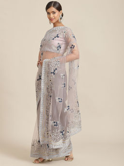 Odette - Grey Floral Embroidered Net Saree with Unstitched Blouse