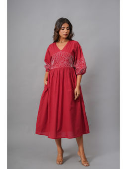 Zolo Label - Cotton Red Embroidered Midi Dress