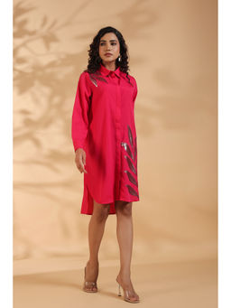 Zolo Label - Pink Embroidered Shirt Pattern Midi Dress