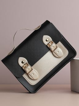 Haute Sauce - Black Colour Blocked Pu Structured Sling Bag