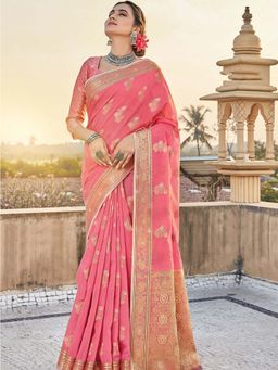 Odette - Pink Colour Cotton Saree Pair with Cotton with Unstitched Blouse