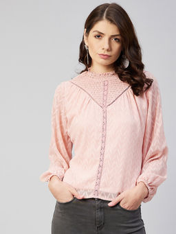 Marie Claire - Women Casual Peach Colour High Neck Self Design Regular Top