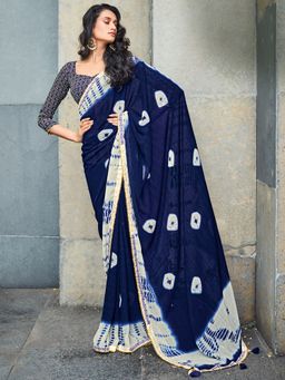 Akhilam - Womens Georgette Navy Blue Printed Designer Saree with Unstitched Blouse
