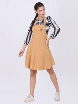 Buynewtrend - Women Blended Fabric Beige Stripes Dungaree Dress with Top (Set of 2)