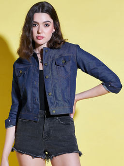 Buynewtrend - Women Denim Navy Blue Solid Denim Jacket