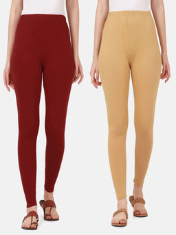 Buynewtrend - Women Cotton Multi-Color Solid Skinny Leggings (Pack of 2)