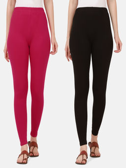 Buynewtrend - Women Cotton Multi-Color Solid Skinny Leggings (Pack of 2)