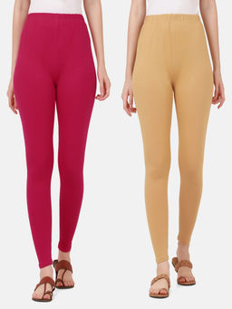 Buynewtrend - Women Cotton Multi-Color Solid Skinny Leggings (Pack of 2)