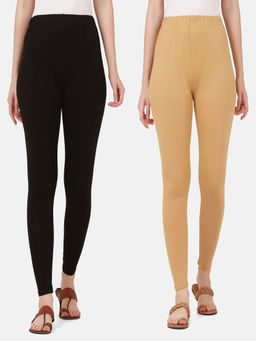 Buynewtrend - Women Cotton Multi-Color Solid Skinny Leggings (Pack of 2)