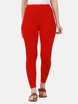 Buynewtrend - Women Cotton Red Solid Skinny Leggings