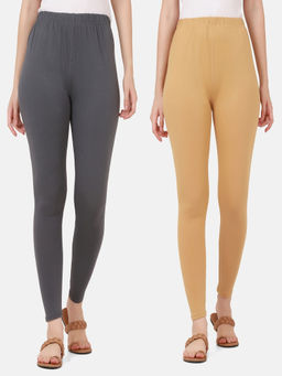 Buynewtrend - Women Cotton Multi-Color Solid Skinny Leggings (Pack of 2)