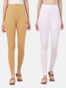 Buynewtrend - Women Cotton Multi-Color Solid Skinny Leggings (Pack of 2)