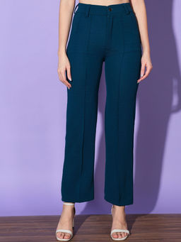 Buynewtrend - Women Polyester Teal Solid Trouser