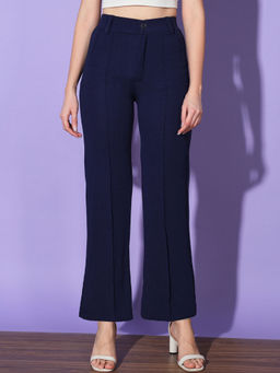 Buynewtrend - Women Polyester Navy Blue Solid Trouser