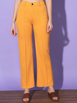 Buynewtrend - Women Polyester Yellow Solid Trouser
