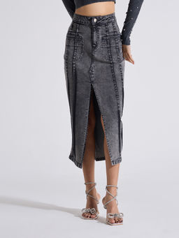 MIXT by Nykaa Fashion - Charcoal Grey Solid Straight Midi Denim Skirt