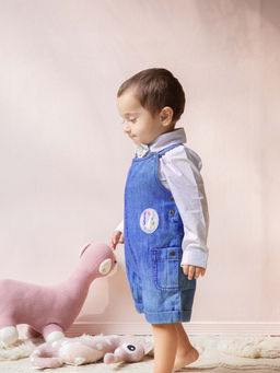 THE BABY TRUNK - Baby Boy Dark Blue Applique Denim Dungaree