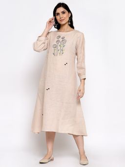 DART STUDIO - Linen Dress With Hand Embroidery On It -Beige