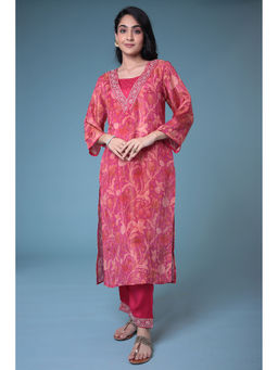 Zari Jaipur - Silk Blended Kurta and Pant - Pink (Set of 3)