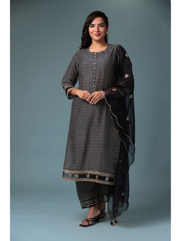 Zari Jaipur - Silk Blended Kurta and Pant - Black (Set of 3)