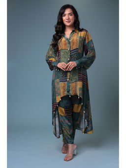 Zari Jaipur - Silk Blended Kurta and Pant - Green (Set of 2)