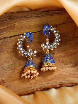 Estele - Gold Tone Traditional Blue Meenakari Jhumki Earrings with Pearls for Women