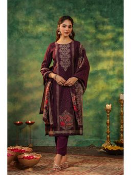 Rain & Rainbow - Wine Ethnic Motifs Printed Round Neck Kurta with Pant and Dupatta (Set of 3)