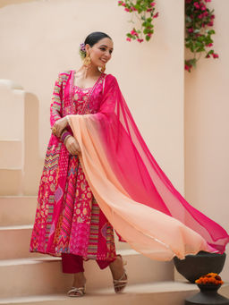 Rain & Rainbow - Floral Printed Empire Sequinned Anarkali with Pant and with Dupatta (Set of 3)