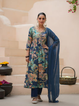 Rain & Rainbow - Floral Printed Empire Mirror Work Anarkali with Pant and Dupatta (Set of 3)