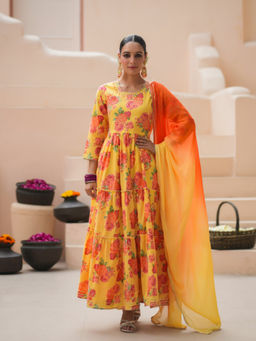 Rain & Rainbow - Floral Printed Anarkali Kurta with Pant and Dupatta (Set of 3)