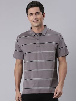 Classic Polo - Men's Half Sleeve Grey Authentic Fit Striped Cotton Polo T-Shirt