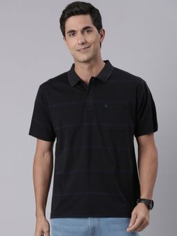 Classic Polo - Men's Half Sleeve Navy Blue Authentic Fit Striped Cotton Polo T-Shirt