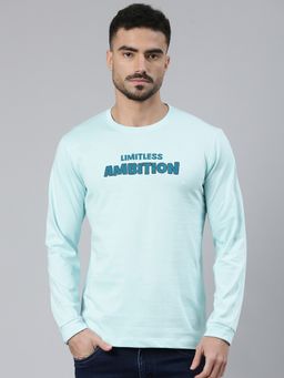 Classic Polo - Men's Full Sleeve Light Blue Crew Neck Slim Fit Printed Cotton T-Shirt