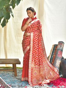 Odette - Rust Tussar Silk Heavy Jamdani Saree with Unstitched Blouse